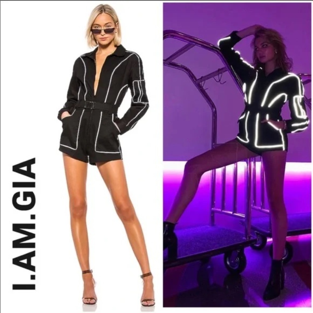 I.AM.GIA Black Reflective Trim Long Sleeve Belted Romper